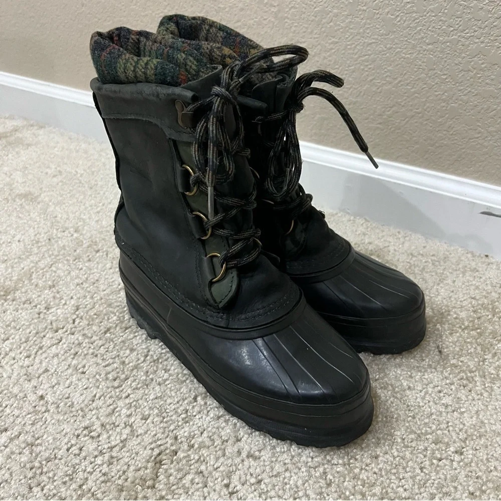 Sorel Women Lace Up Mid Calf Winter Snow Boots Green Plaid Suede Rubber Size 6,